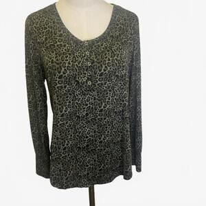 Cynthia Rowley Women's Size Large Tan Black Animal Print Long Sleeve Blouse Top